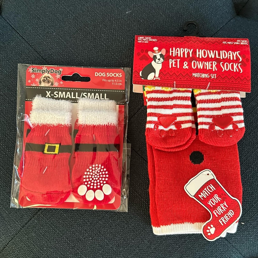 Matching socks for pets and owner, Holiday/Christmas Santa and elf theme